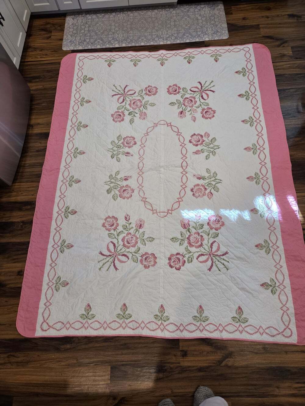 Vtg Hand Embroidered Rose Quilt Bedspread Twin 92x72 Pink Cross Stitch Floral
